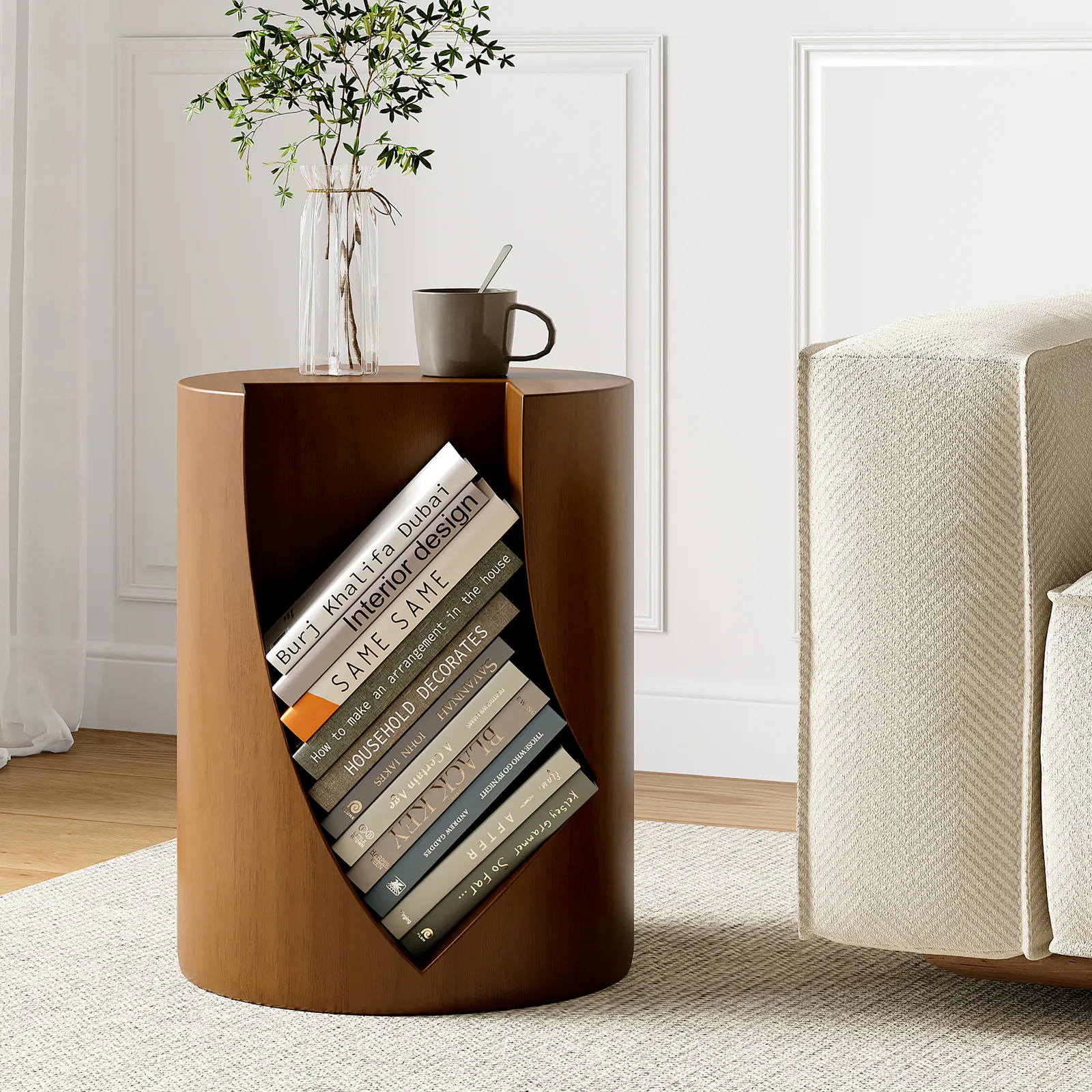 Modern Small Walnut Side Table with Open Storage Round End Table Bedside Table