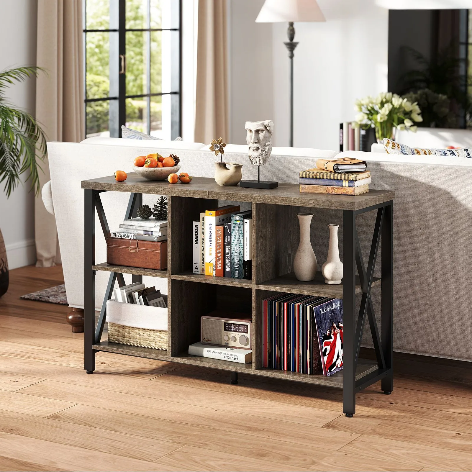 Costway 6-Cube Storage Organizer 120CM Wide Bookshelf w/Open Compartments in Grey 6