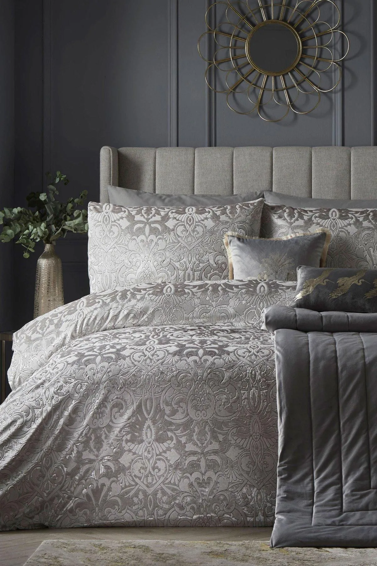 Laurence Llewelyn-Bowen 'Firenza' Damask Velvet Duvet Cover Set in Silver