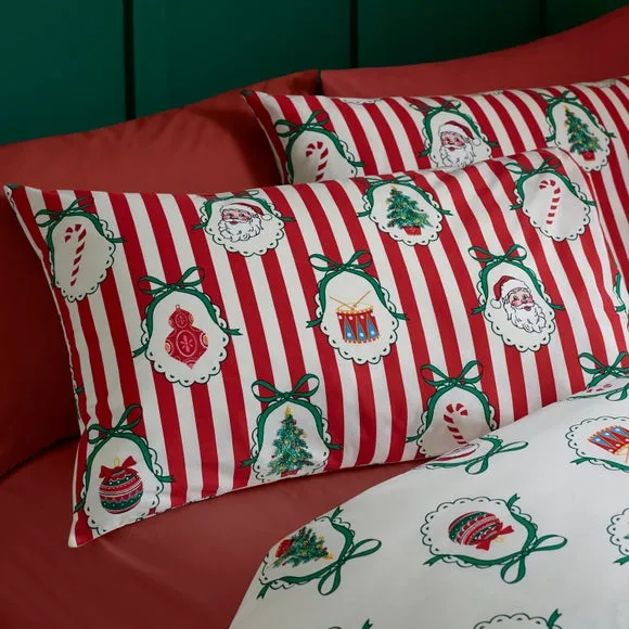 Catherine Lansfield Christmas Vintage Stripe Polycotton Duvet Cover & Pillowcase Set 4