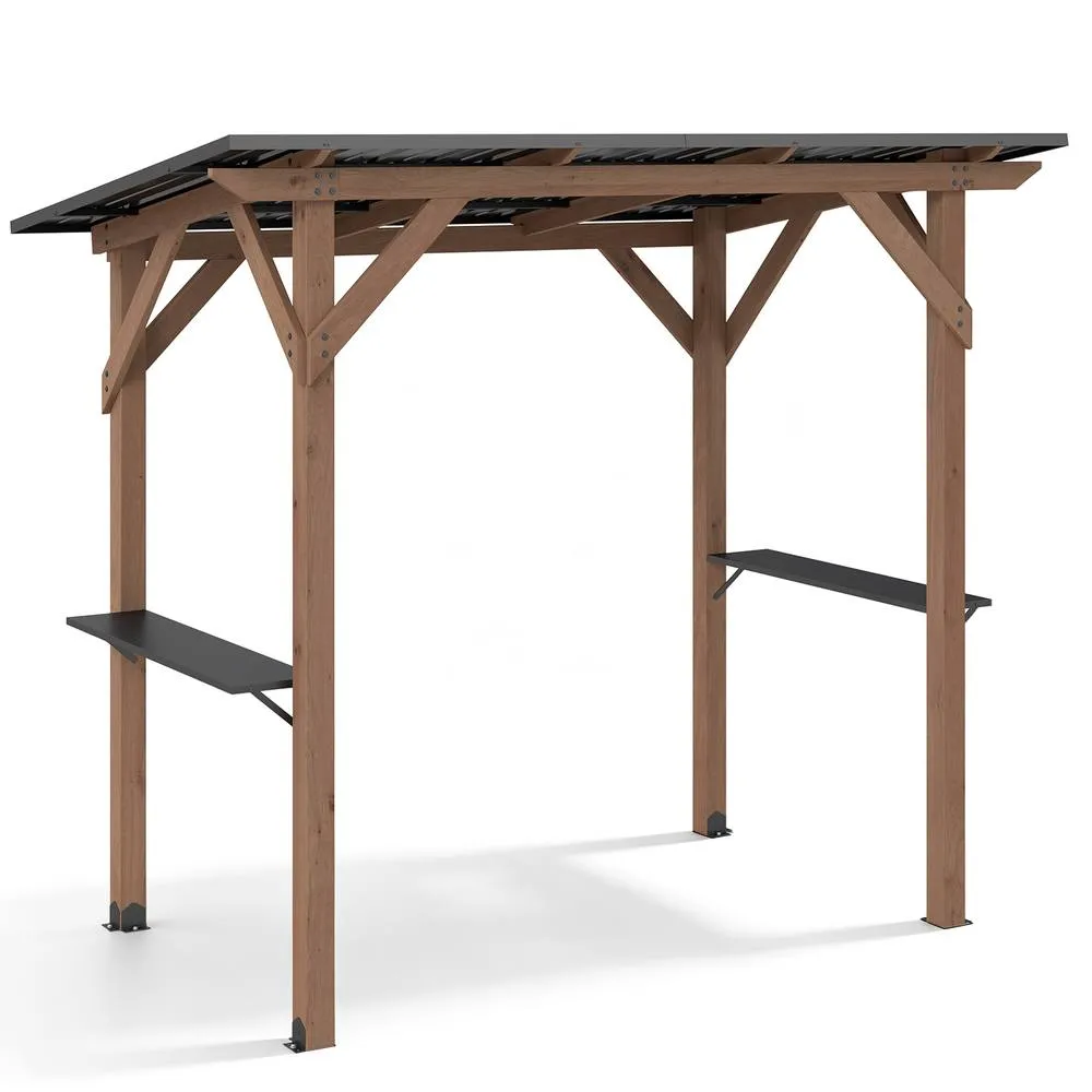 Costway Grill Gazebo Cedar Wood BBQ Gazebo with 2 Side Serving Shelves in Brown