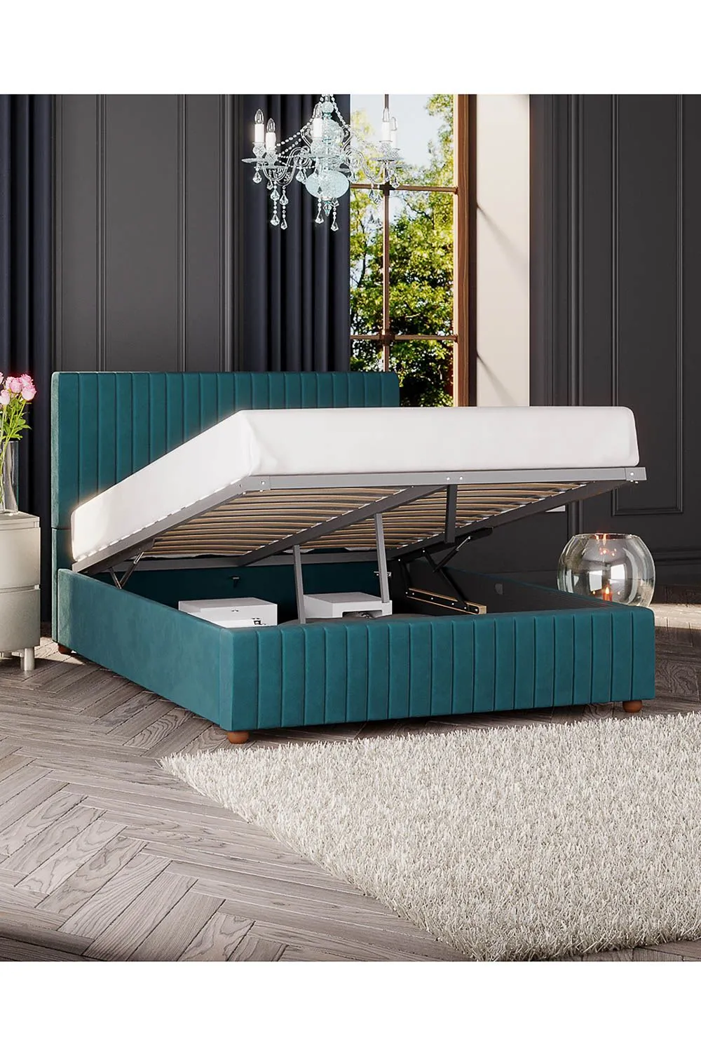 Laurence Llewelyn-Bowen Estella Ottoman Storage Bed in Plush Velvet Fabric, Custom Made in Emerald 3