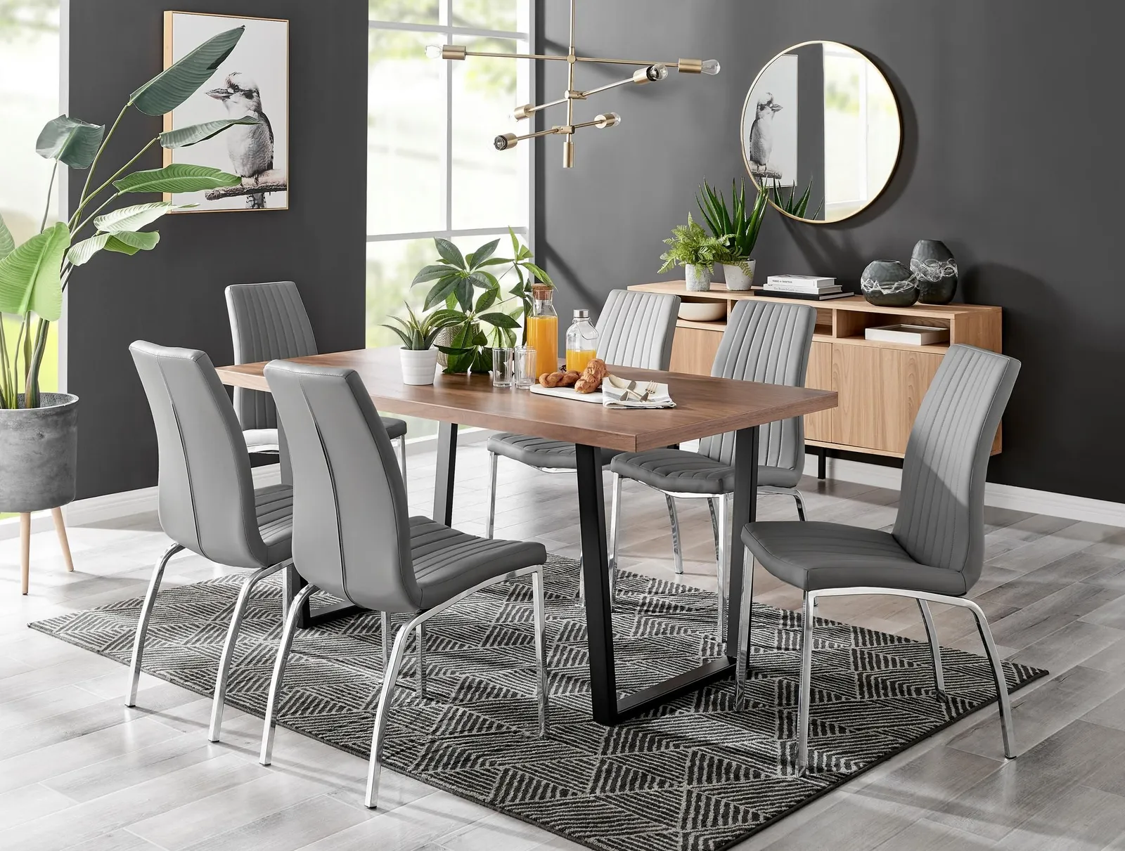 FurnitureboxUK Kylo Large Brown Wood Effect Dining Table & 6 Isco Faux Leather Chairs in Grey 1