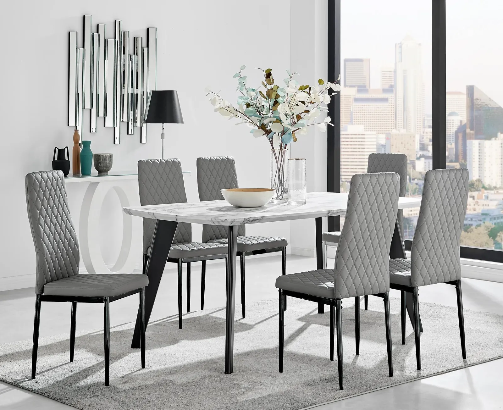 FurnitureboxUK Andria White Marble Effect & Black Leg 6 Seater Dining Table & 6 Milan Faux Leather Chairs in Grey 1