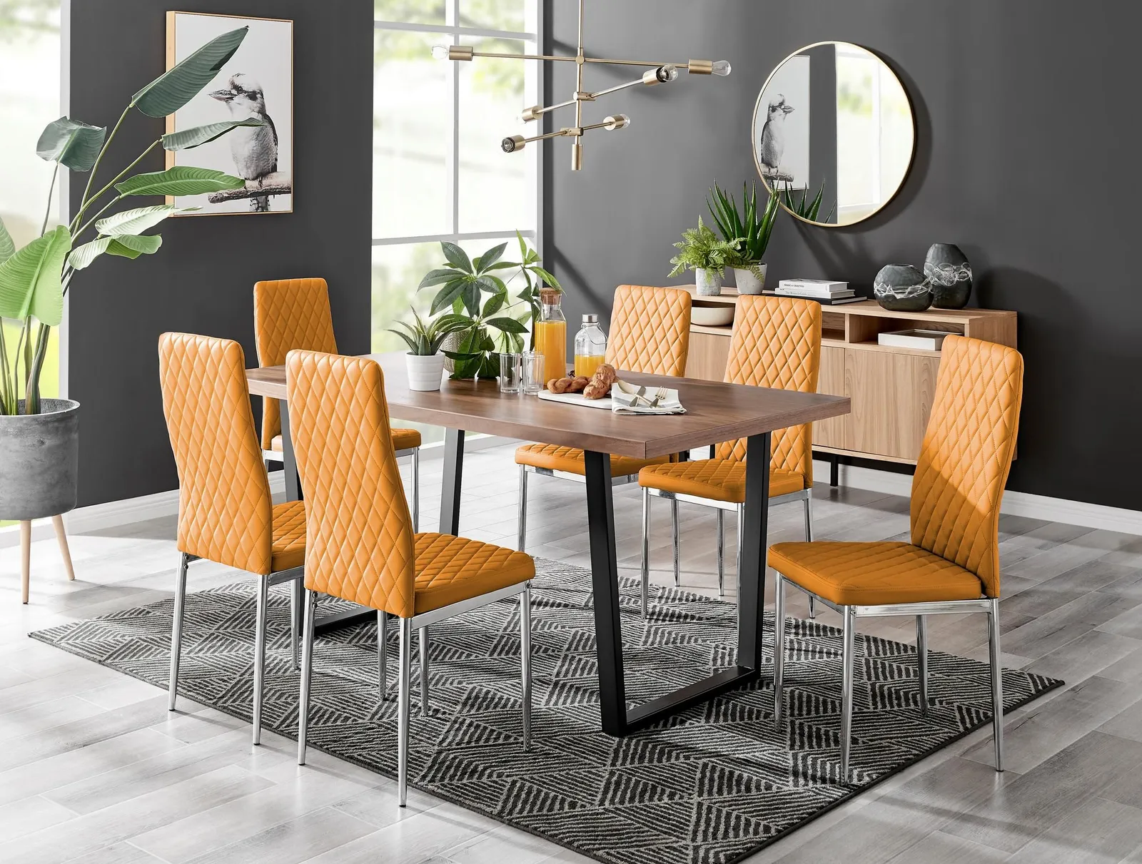 FurnitureboxUK Kylo Large Brown Wood Effect Dining Table & 6 Milan Chrome Leg Faux LeatherChairs in Mustard 1