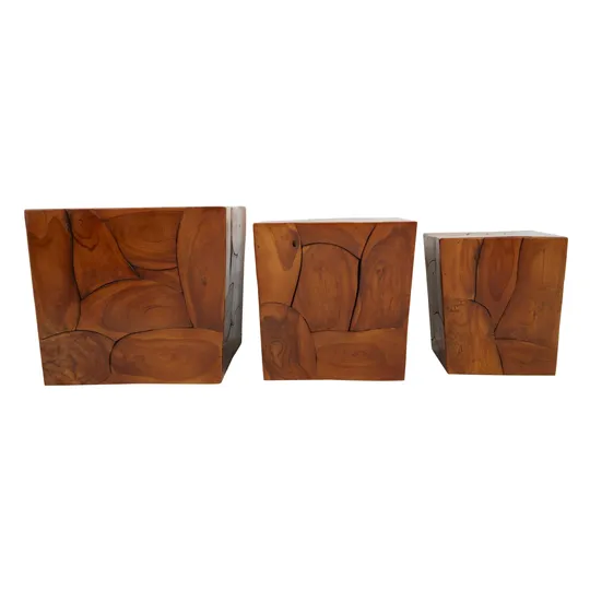 Praecipua Set Of 3 Teak Wood Root Stools In Brown