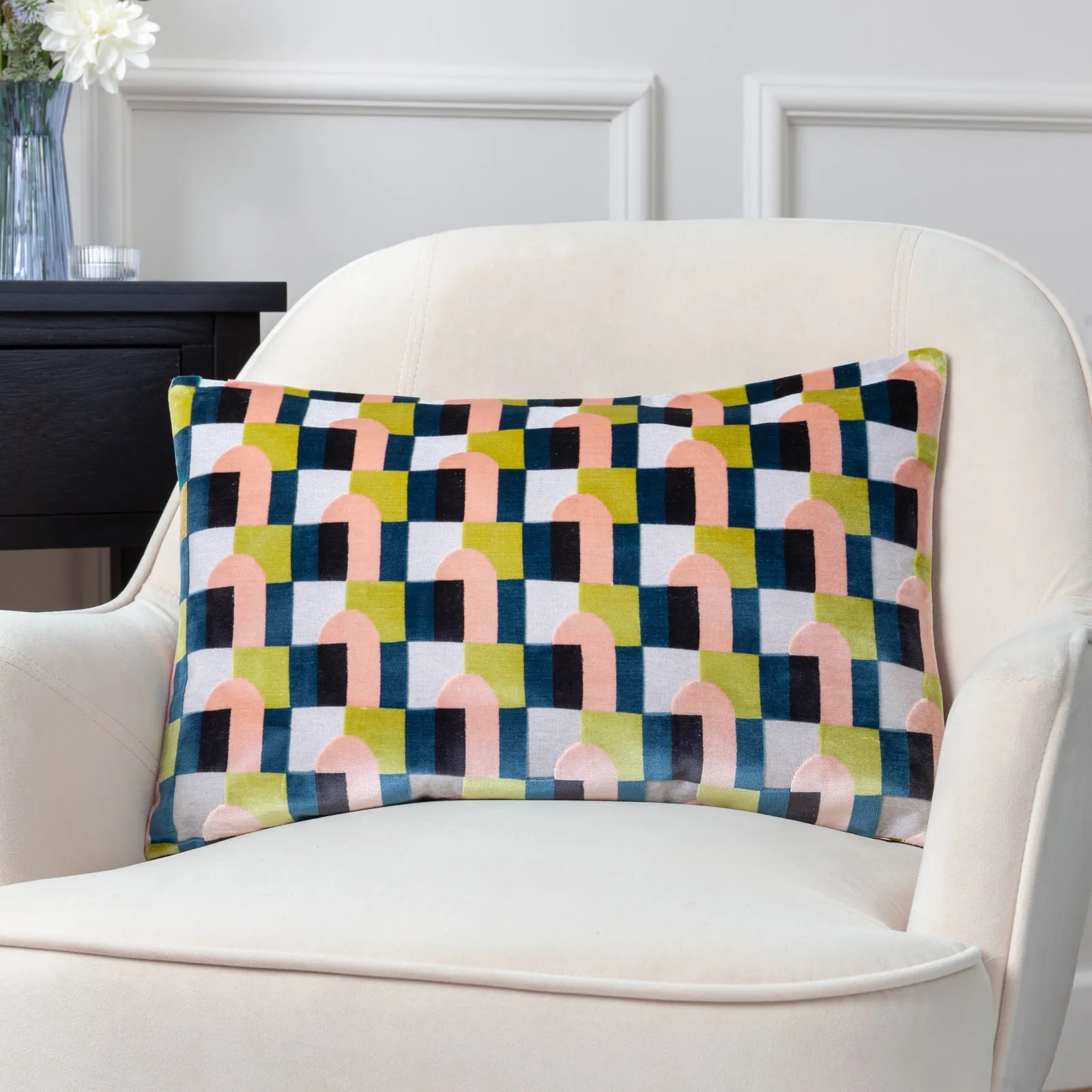 Paoletti Keela Cut Velvet Geometric Cushion in Pink 1