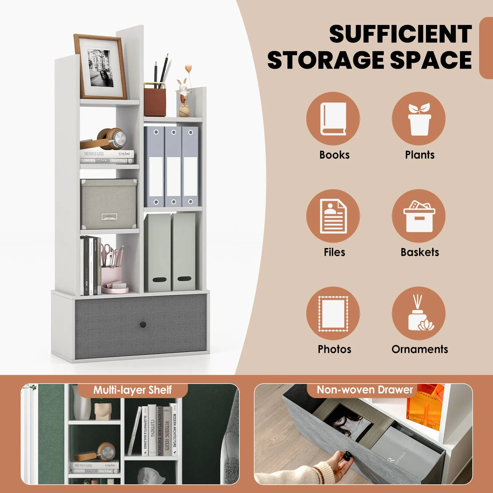Costway 7 Tier Bookshelf Open Storage Wood Bookcase Organizer Display Shelf w/ Drawer in White 4