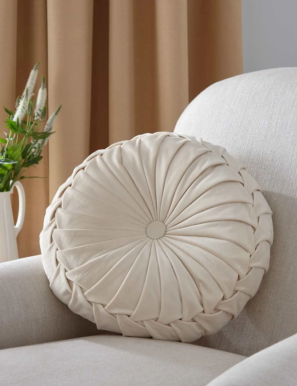 Laura Ashley Rosanna Velvet Round Pleated Cushion Soft White