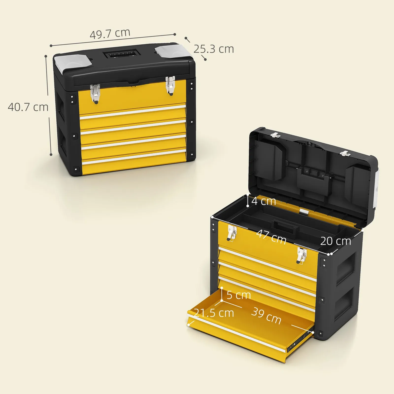 HOMCOM 4 Drawers Large Tool Box, Steel Toolbox with Handle, Yellow 3
