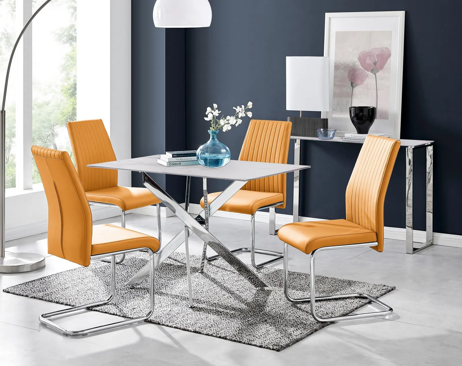 FurnitureboxUK Leonardo White Glass Marble Effect Silver Leg Table & 4 Lorenzo Chairs in Mustard 1