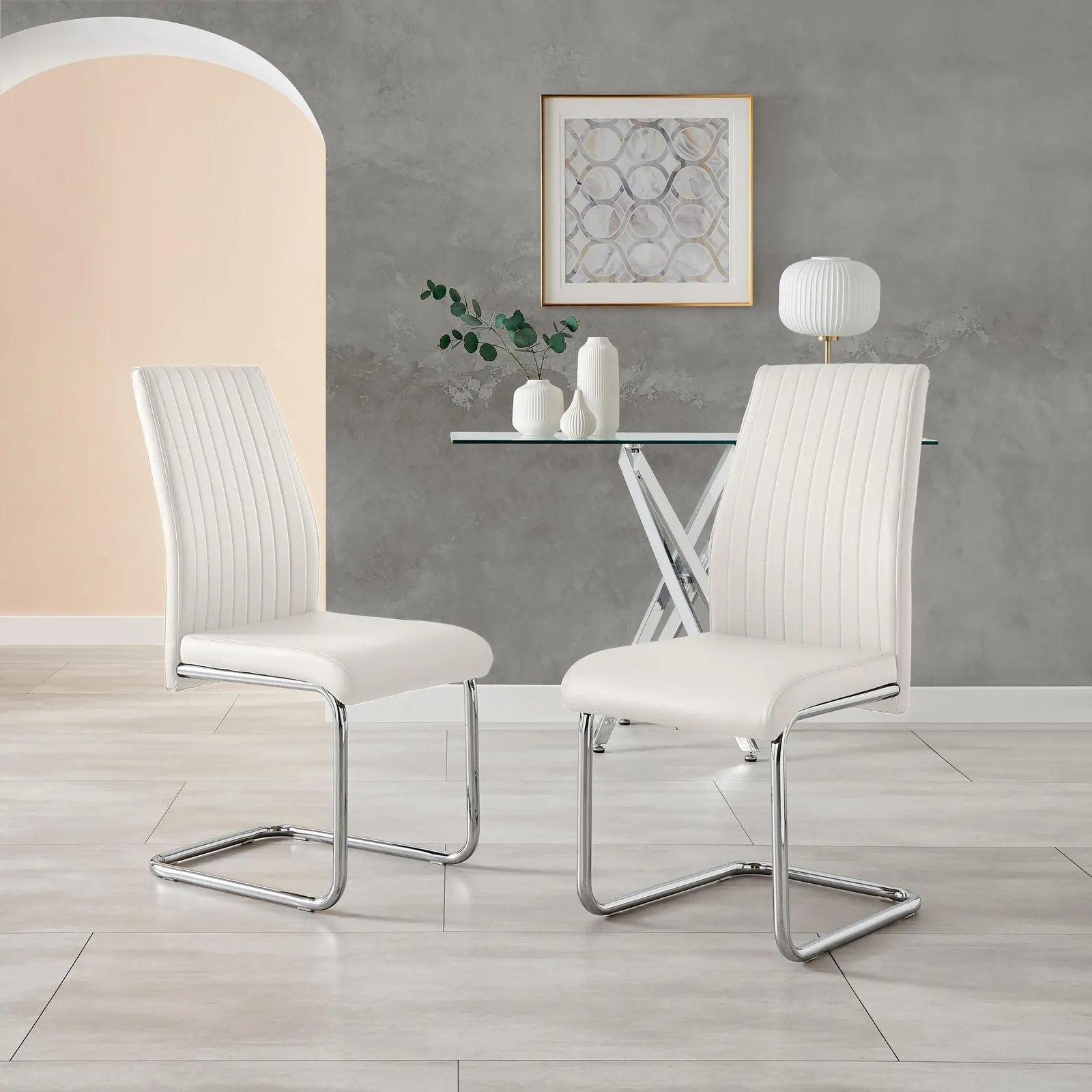 FurnitureboxUK 2x Lorenzo Faux Leather Chrome Dining Chairs in White 2