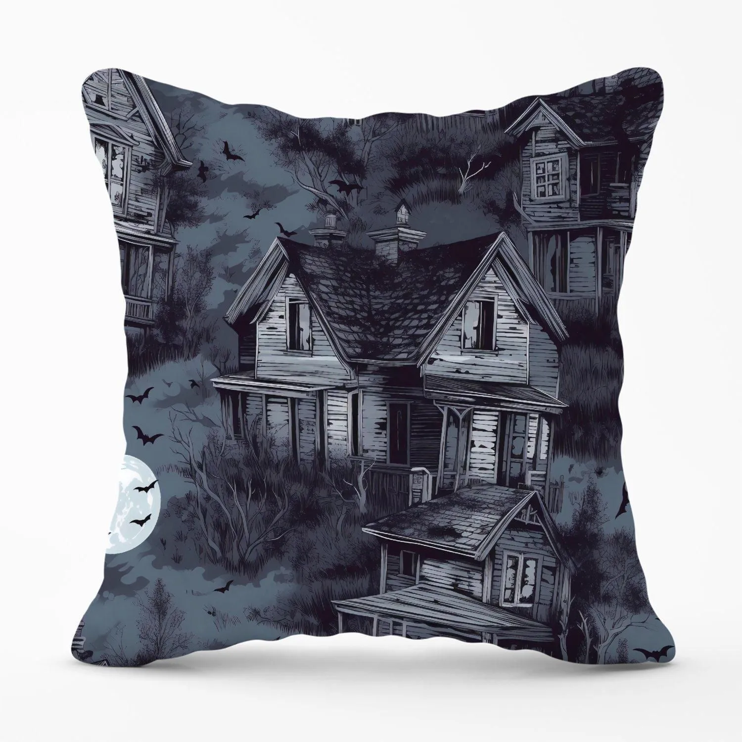 Warren Reed - Designer Spooky Shadowy Haunted House Outdoor Cushion in Grey
