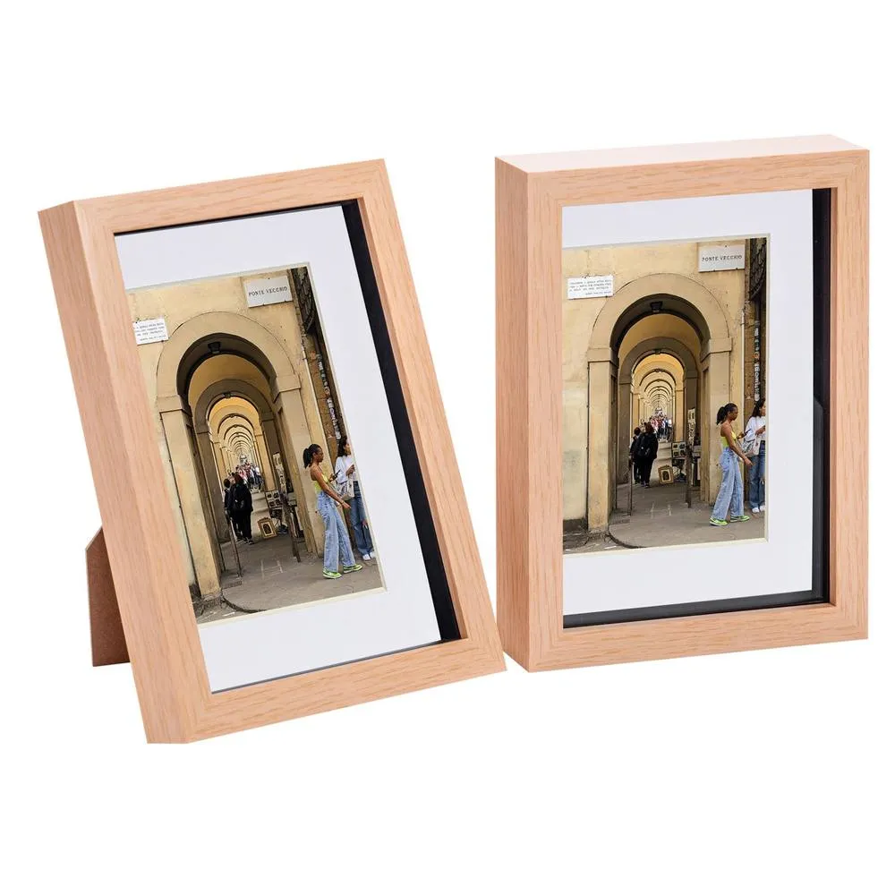 Nicola Spring 3D Box Photo Frames with 4" x 6" Mounts - A5 (6" x 8") - White Mount - Pack of 2 in Light Brown 1