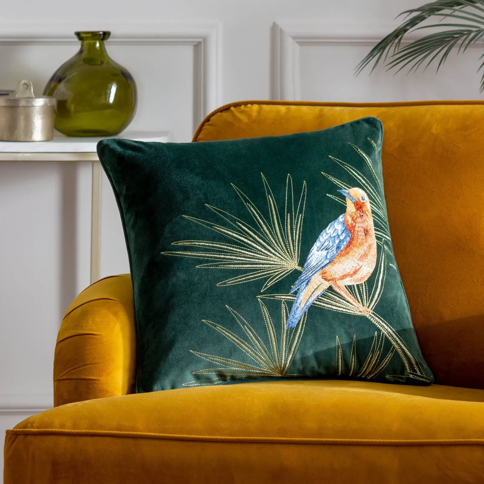 Paoletti Odisha Exotic Bird Embroidered Cushion in Emerald