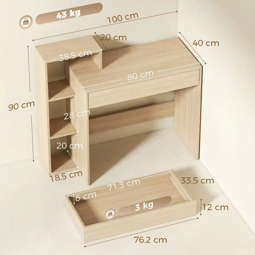 HOMCOM Computer Desk with 3 Open Shelves & Drawer, Natural 3