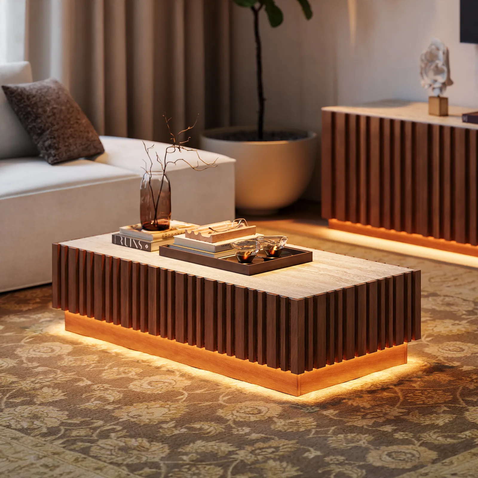 Aura Ash Wood Slatted Coffee Table Modern Walnut Sintered Stone Top Table with LED Light