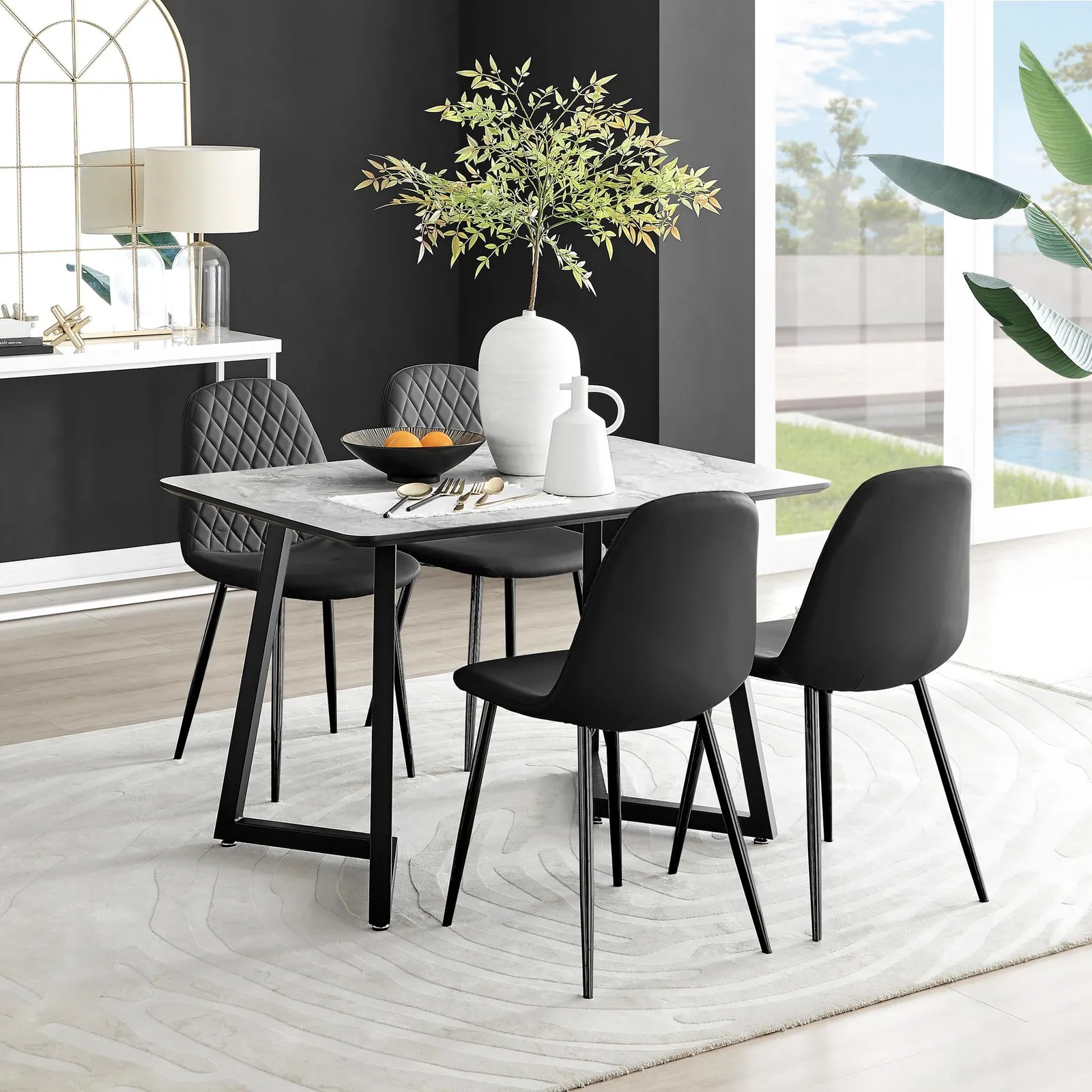 FurnitureboxUK Carson White Marble Effect Dining Table & 4 Corona Black Leg Chairs 1