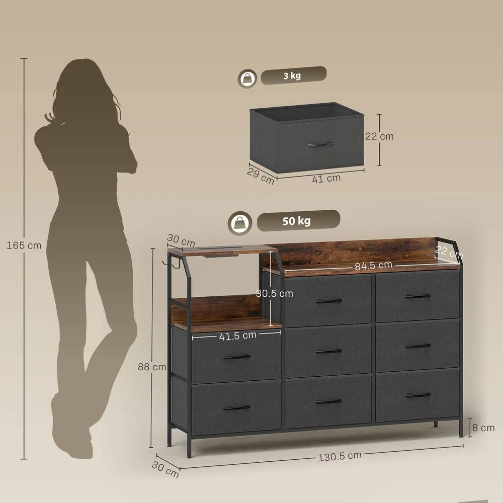 HOMCOM Fabric Chest of Drawers w/ Charging Station for Bedroom Rustic Brown 3