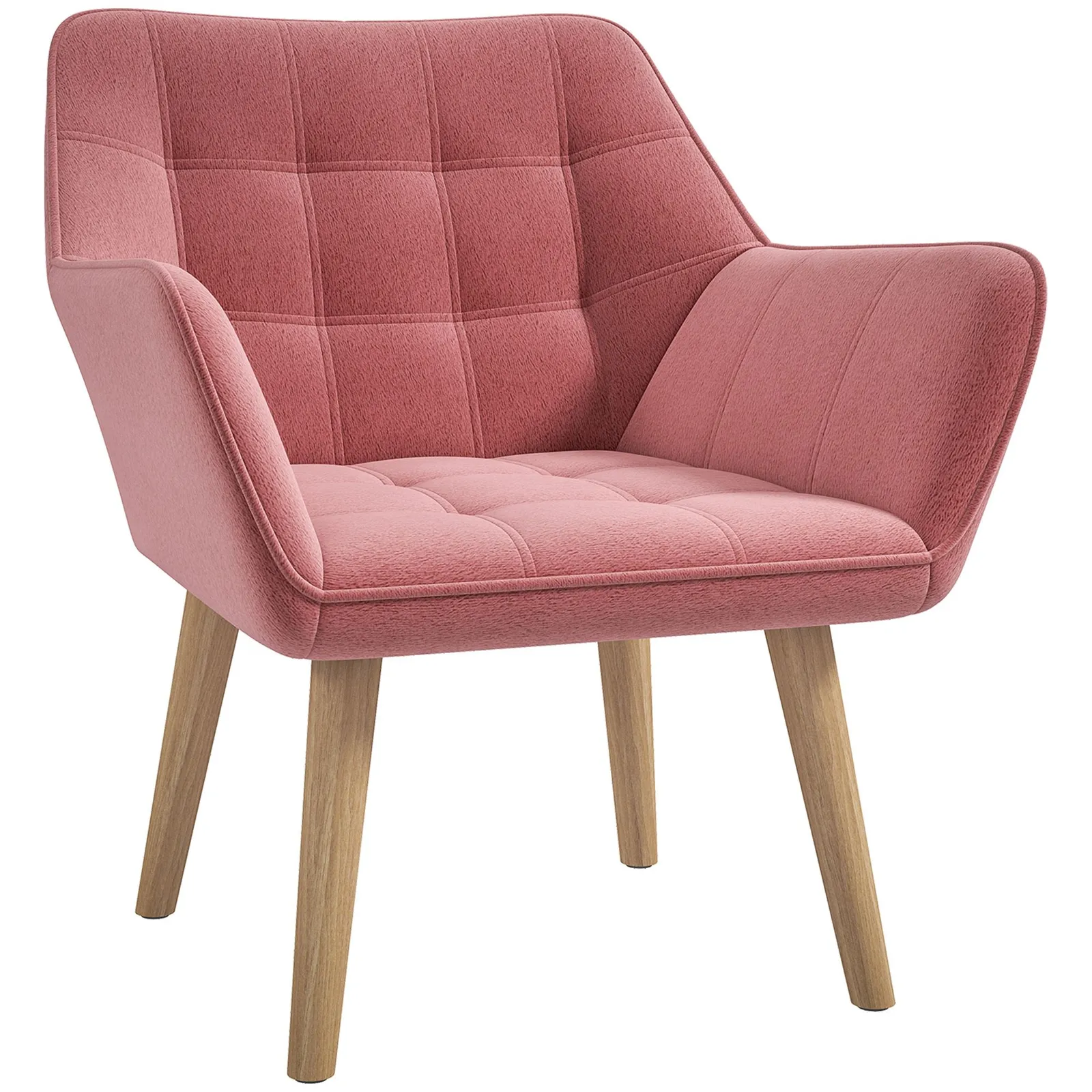 HOMCOM Velvet-Feel Accent Chair with Arms Slanted Back Wood Legs in Pink 2