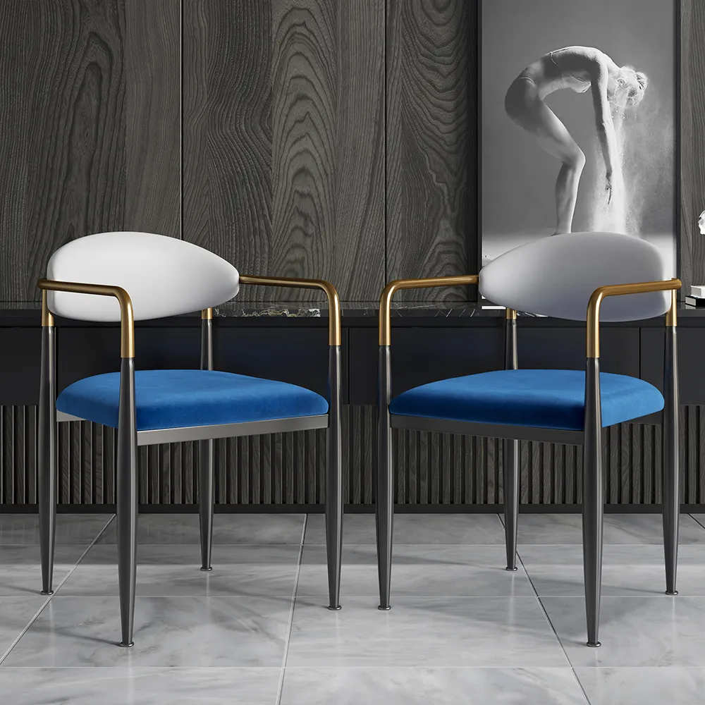 Set of 4 Dining Chair Velvet & PU Leather Upholstered White & Blue Dining Room Chairs with Arms