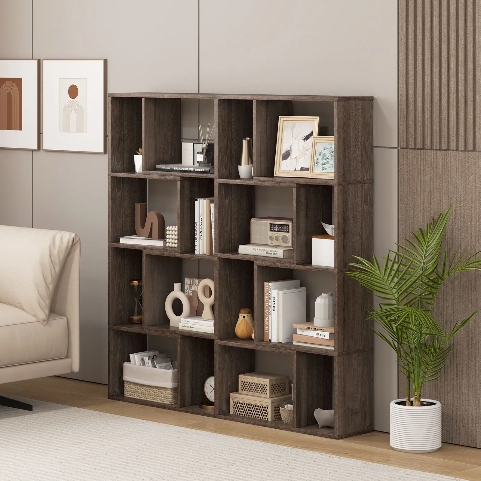 Costway 5-Tier Geometric Bookshelf 120 CM Tall Bookcase Modern 8-Cube Display Shelving in Grey 4