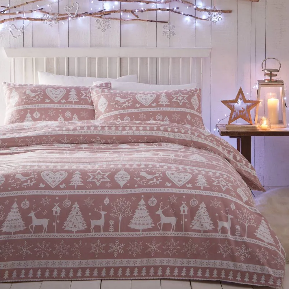 Portfolio Home Festive Scandi Brushed Cotton Duvet Cover Set With Pillow Case in Pink 1