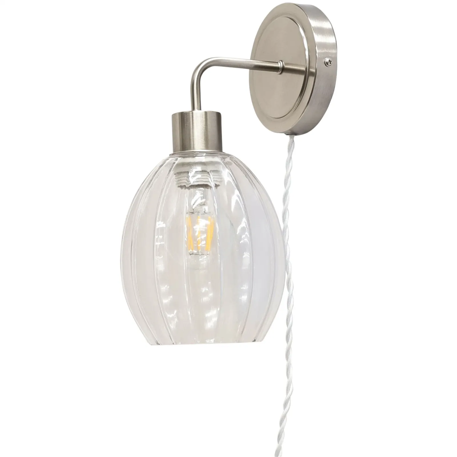 First Choice Lighting Toby - Satin Nickel Plug in Wall Light with Birch Fluted Glass Shade in Silver 2