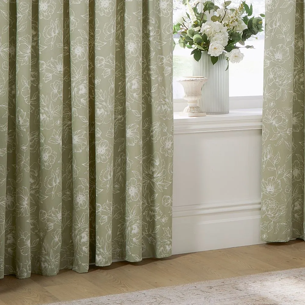 Wylder Bella Floral 100% Cotton Pencil Pleat Curtain Pair in Green 4