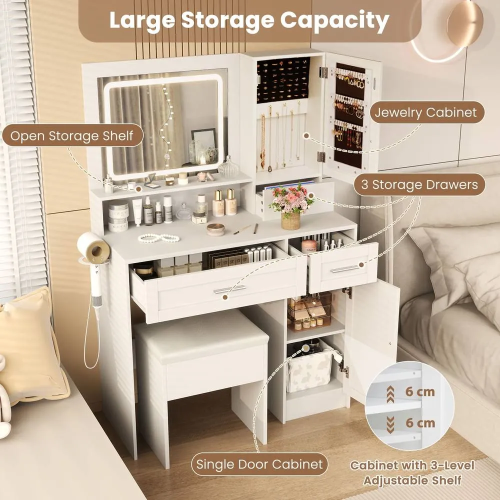Costway Makeup Vanity Desk Farmhouse Dressing Table & Stool Set w/ Drawers in White 5