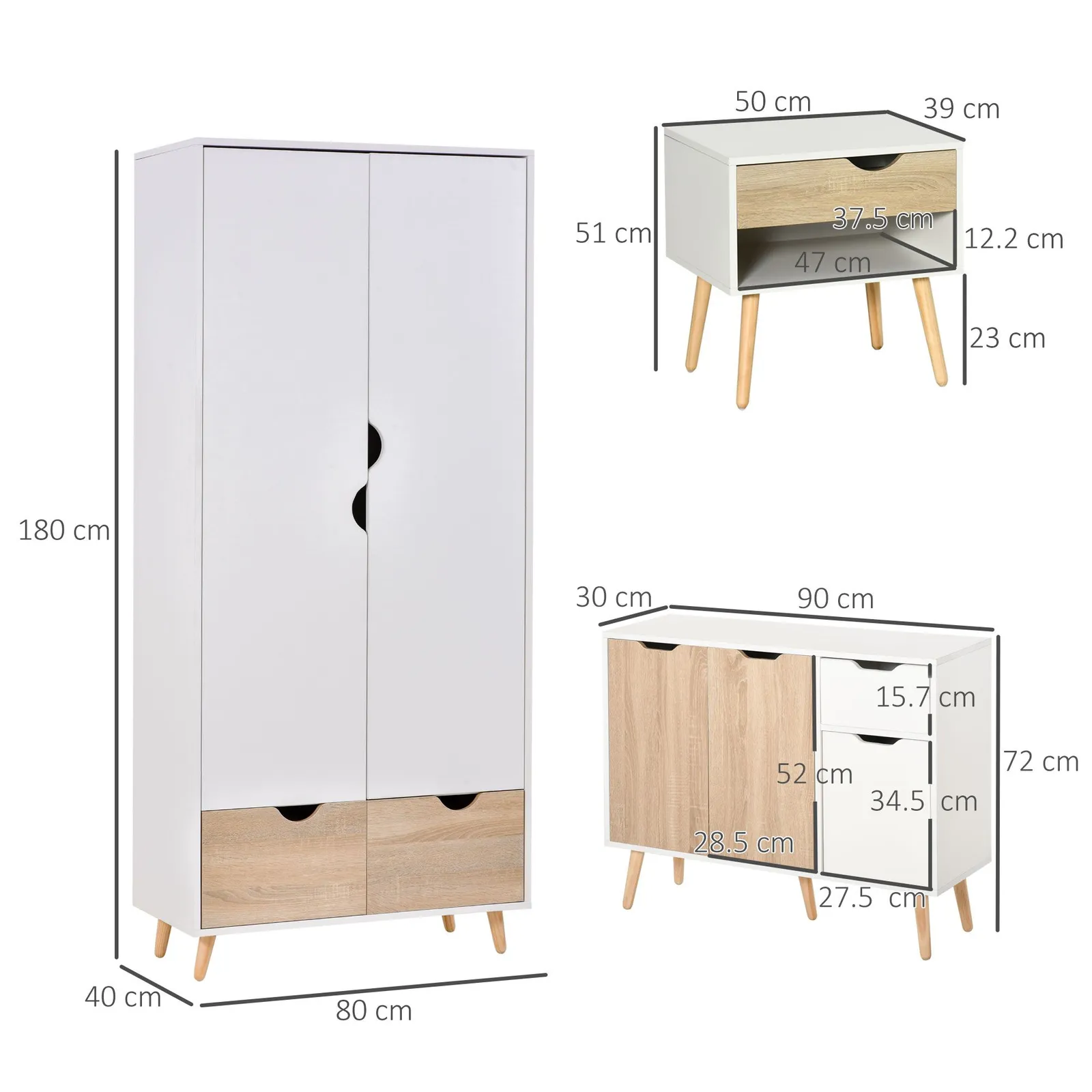 HOMCOM Wardrobe w/ Hanging Rod 1 Side Cabinet 2 Bedside Tables w/ Storage in Natural 3