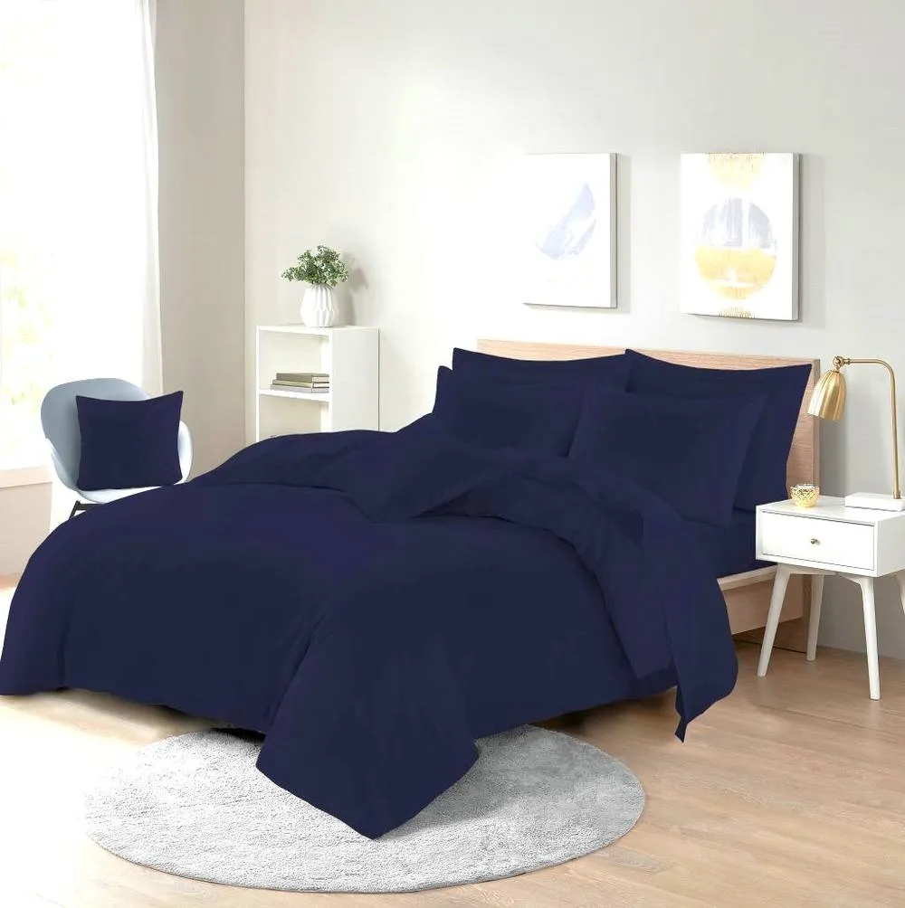Homes-Linen Plain Dyed Polycotton Duvet Cover Set with Pillowcases in Navy
