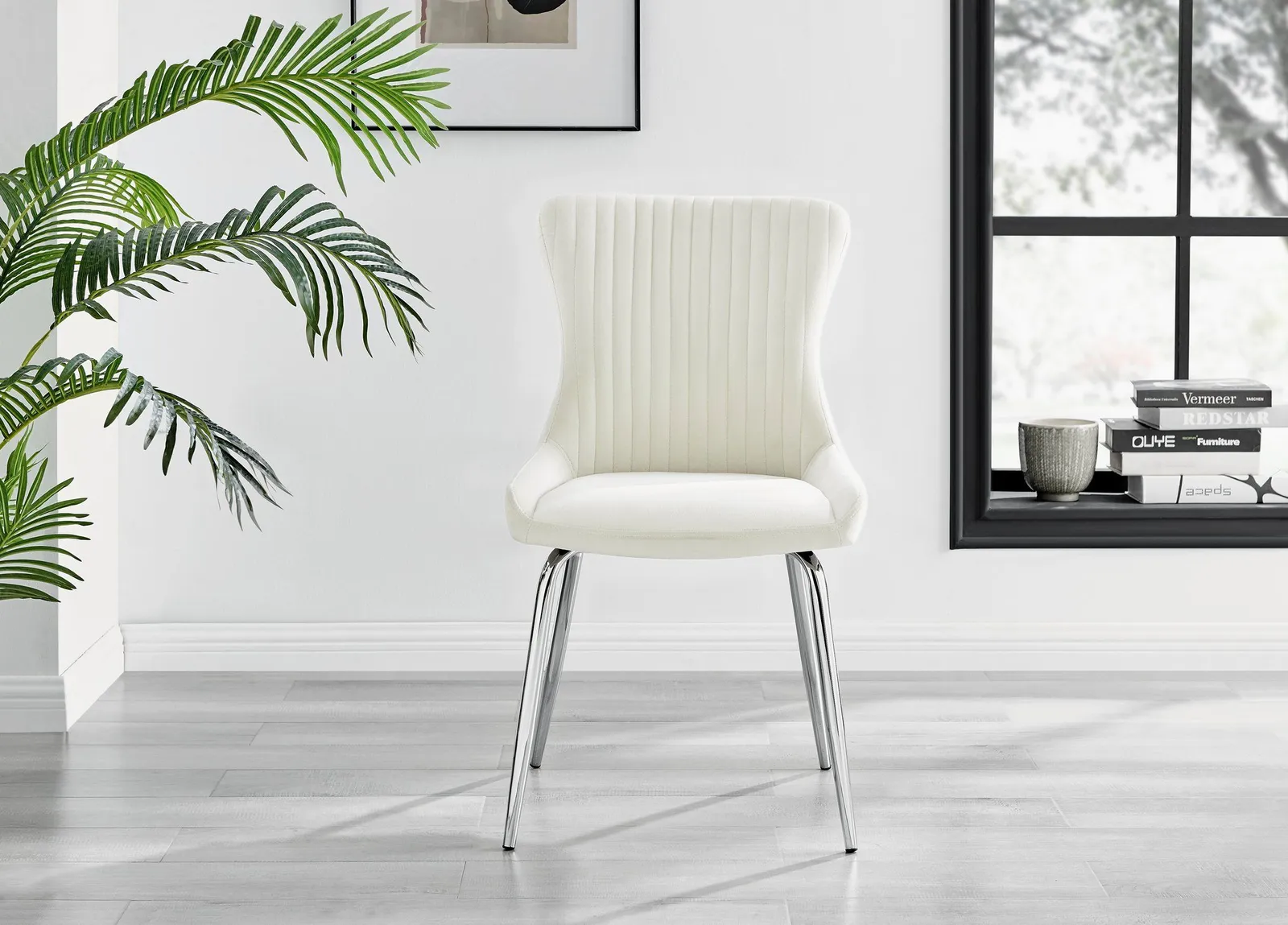 FurnitureboxUK Set of 2 Nora Deep Padded Luxurious Dining Chairs Upholstered In Soft Velvet With Chrome Legs in Cream 2