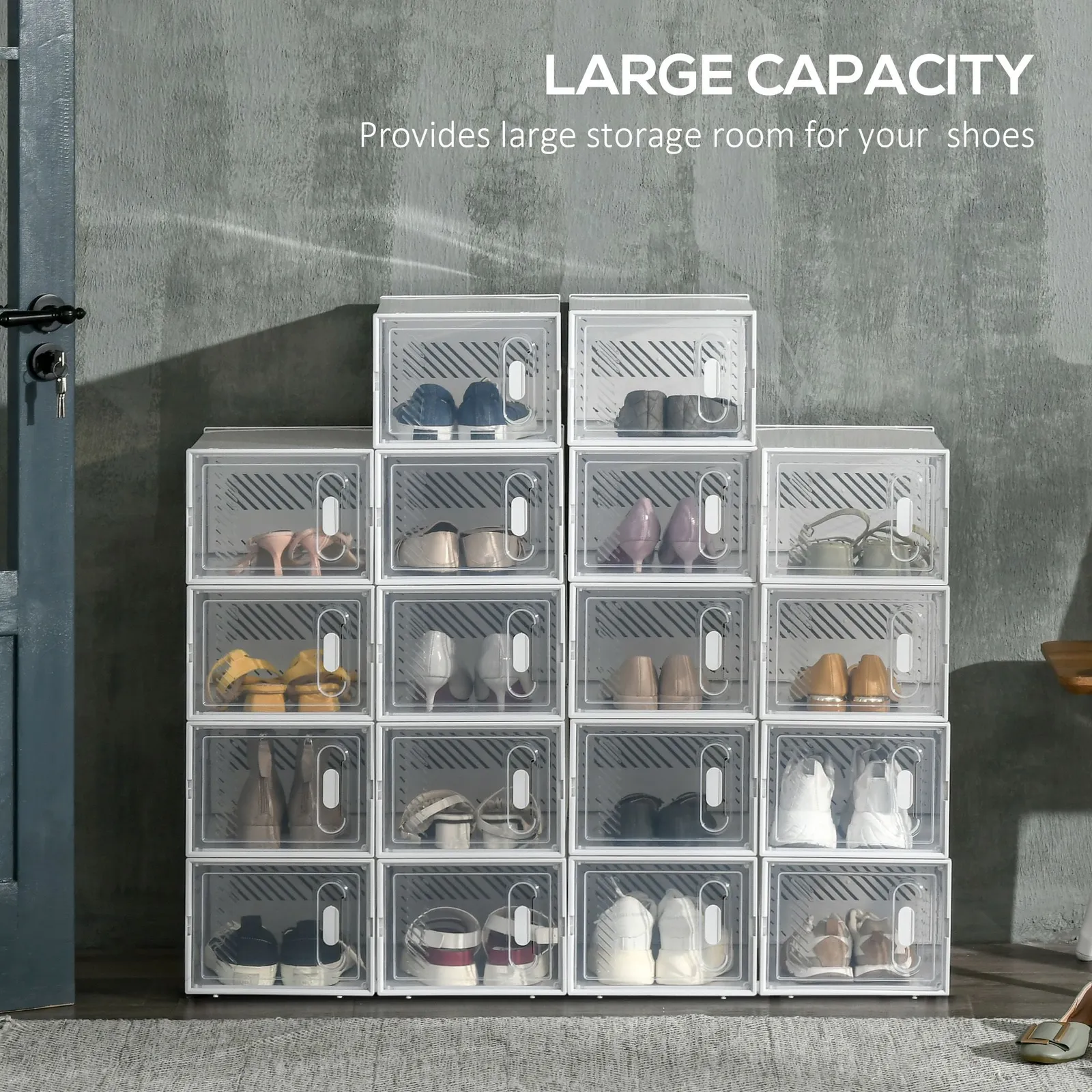 HOMCOM 18PCS Stackable Shoe Box Clear Plastic Shoe Storage Box 6