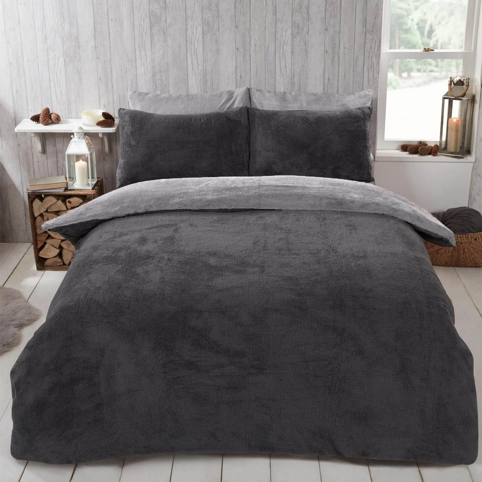 OHS Reversible Teddy Duvet Cover with Pillowcase in Dark Grey