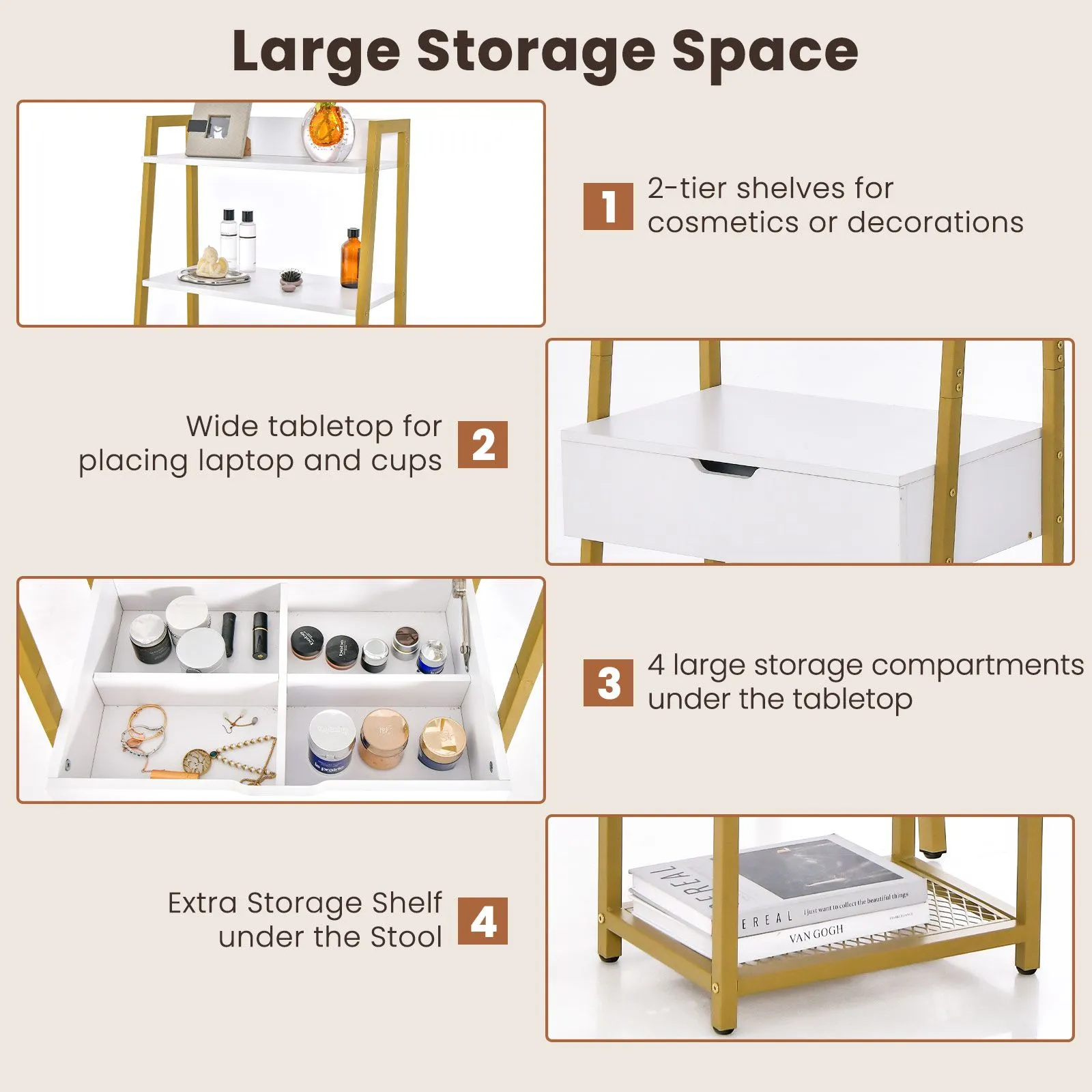 Costway 3 IN 1 Vanity Dressing Table Set Book Storage Shelf Ladder Desk Cushioned Stool in Natural 3
