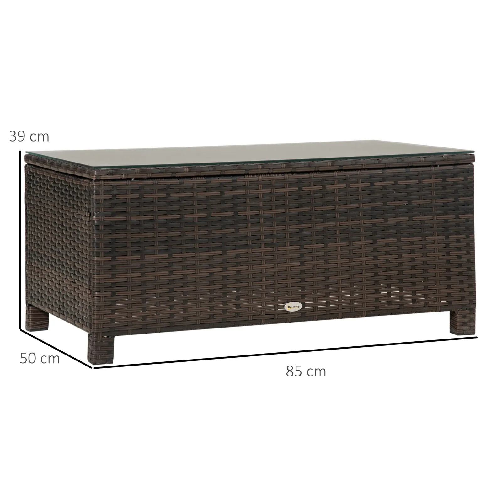 OUTSUNNY Garden Rattan Side Table, Wicker Coffee Desk, Glass Top in Brown 3