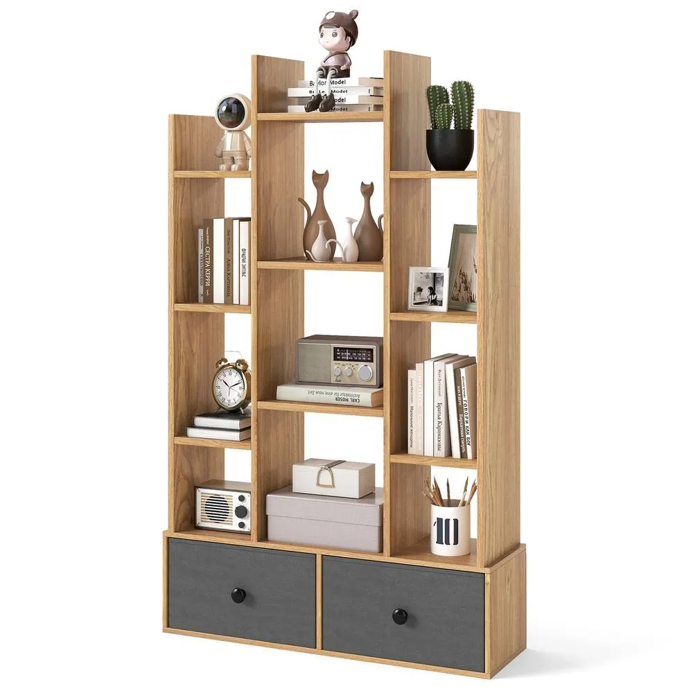 Costway 12 Tier Bookshelf Open Storage Wood Bookcase Organizer Display Shelf in Natural 2