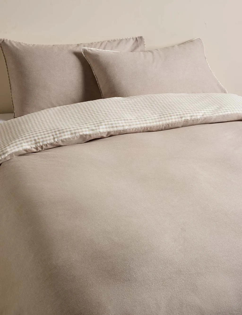 M&S Brushed Cotton Melange Gingham Bedding Set Mink