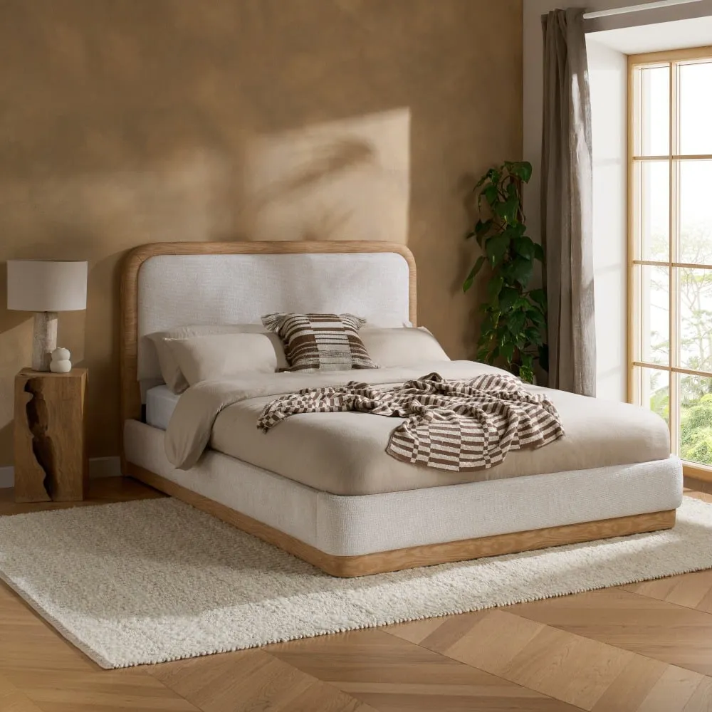 Girona - Double - Faux Wood-Effect Fabric Trim Bed - White - Fabric - 4ft6
