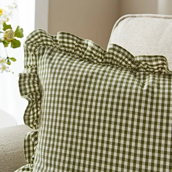 Gingham Frill Cotton Square Cushion Cover 2
