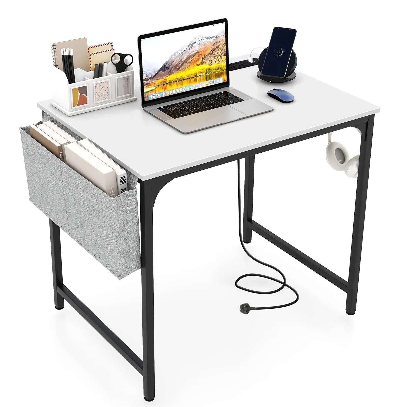 Costway Computer Desk Small Home Office Desk w/ Charging Station in White