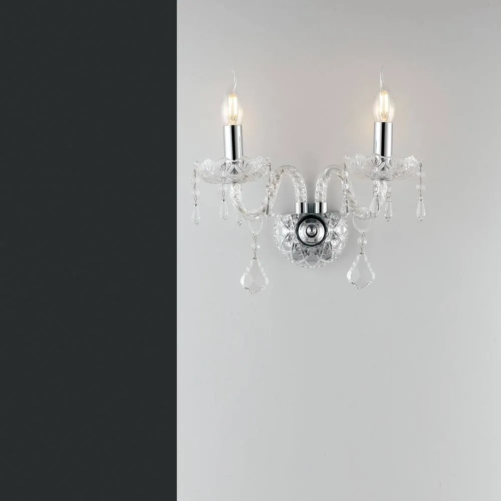 Netlighting INCANTO Twin 2 Light Candle Wall Light Chrome Crystal 40x34x18cm in Silver
