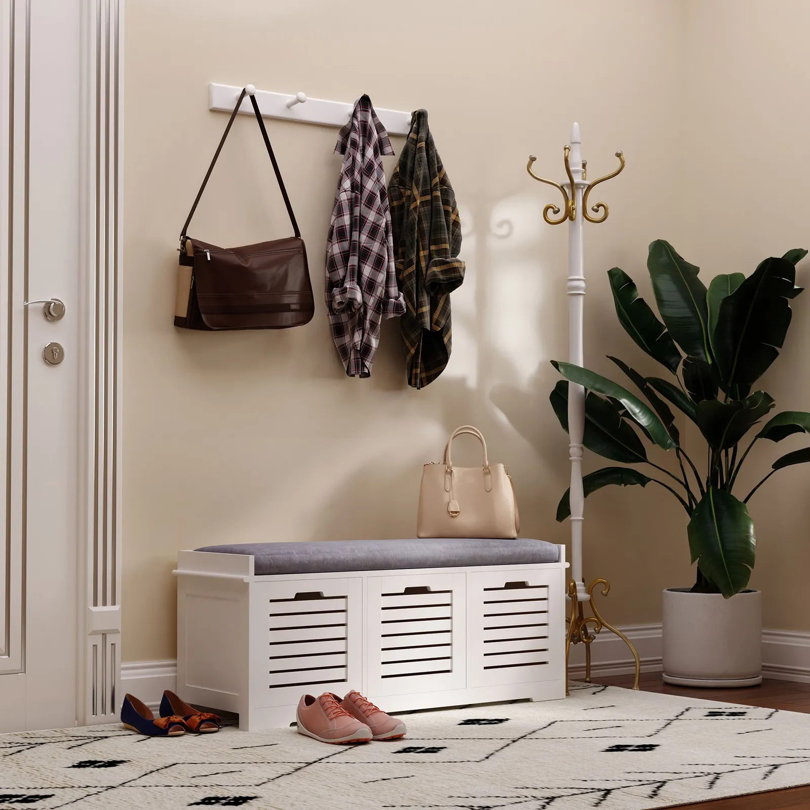 HOMCOM 3 Door Shoe Storage Bench with Cushion Seat Slatted Door Elevated Base in Grey
