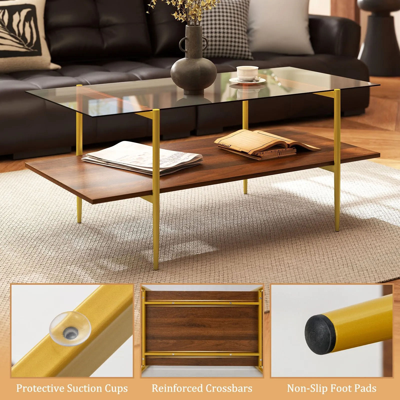 Costway 2-Tier Glass Coffee Table Rectangle Center Table w/Storage Shelf in Brown 5