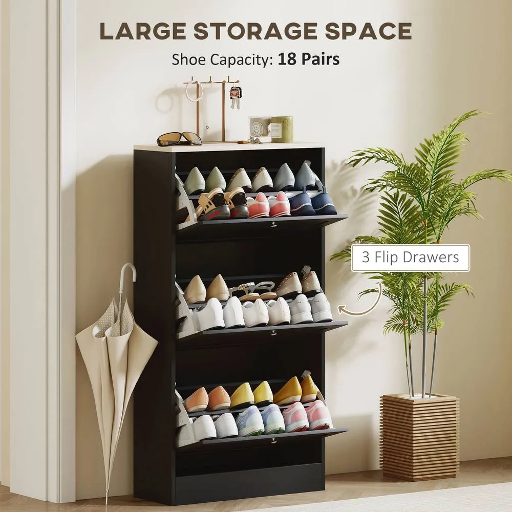 HOMCOM Narrow Shoe Cabinet w/ 3 Flip Drawers for 12-18 Pairs of Shoes Black 4