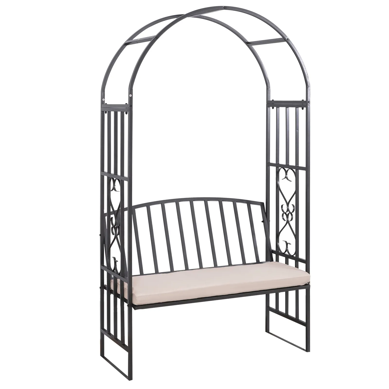 OUTSUNNY Garden Arbor Arch Metal Bench Padded Seat Outdoor Decoration Patio in Dark Grey 2