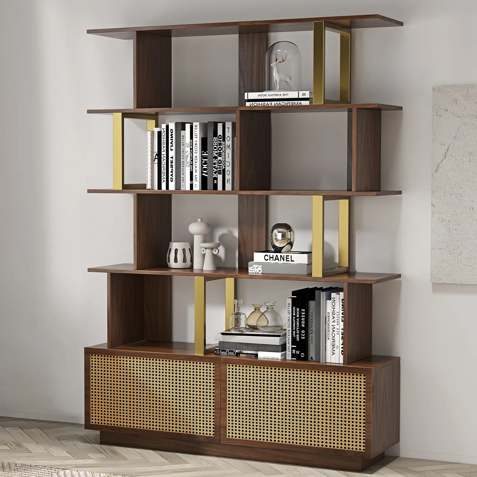 5-Tier Walnut Bookshelf with 2 Drawers Wooden Bookcase in Gold (165 cm High)
