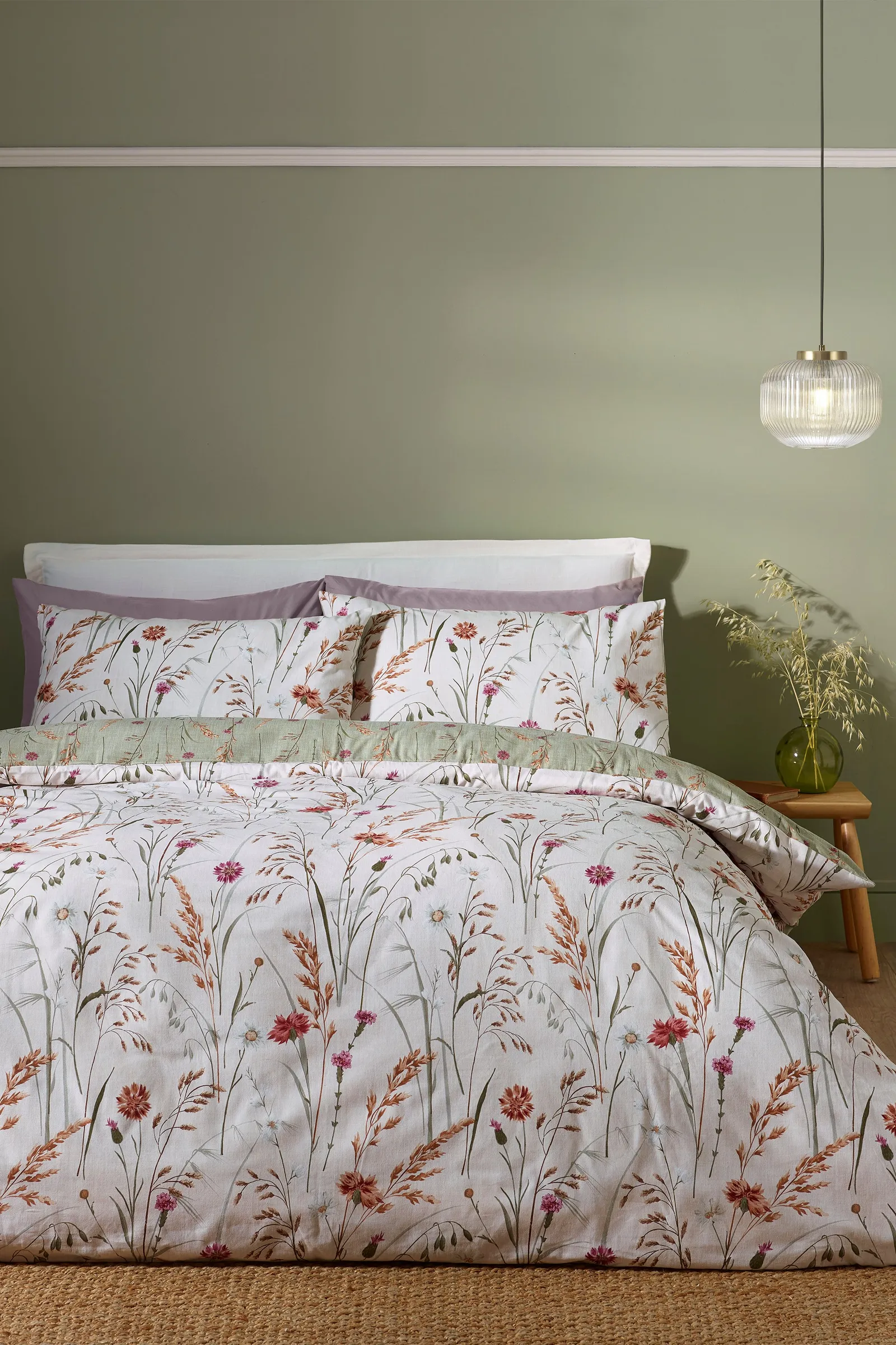 Catherine Lansfield 'Brushed Grasmere Floral' Cotton Reversible Duvet Cover Set in Green