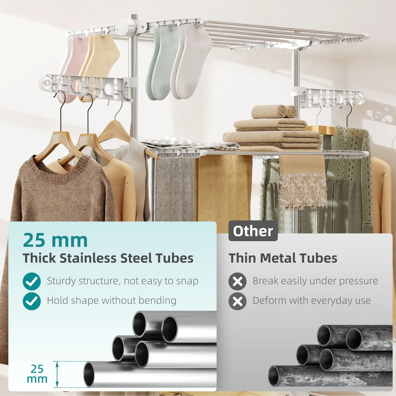 HOMCOM Large Clothes Airer Stainless Steel Clothes Drying Rack White in Silver 5